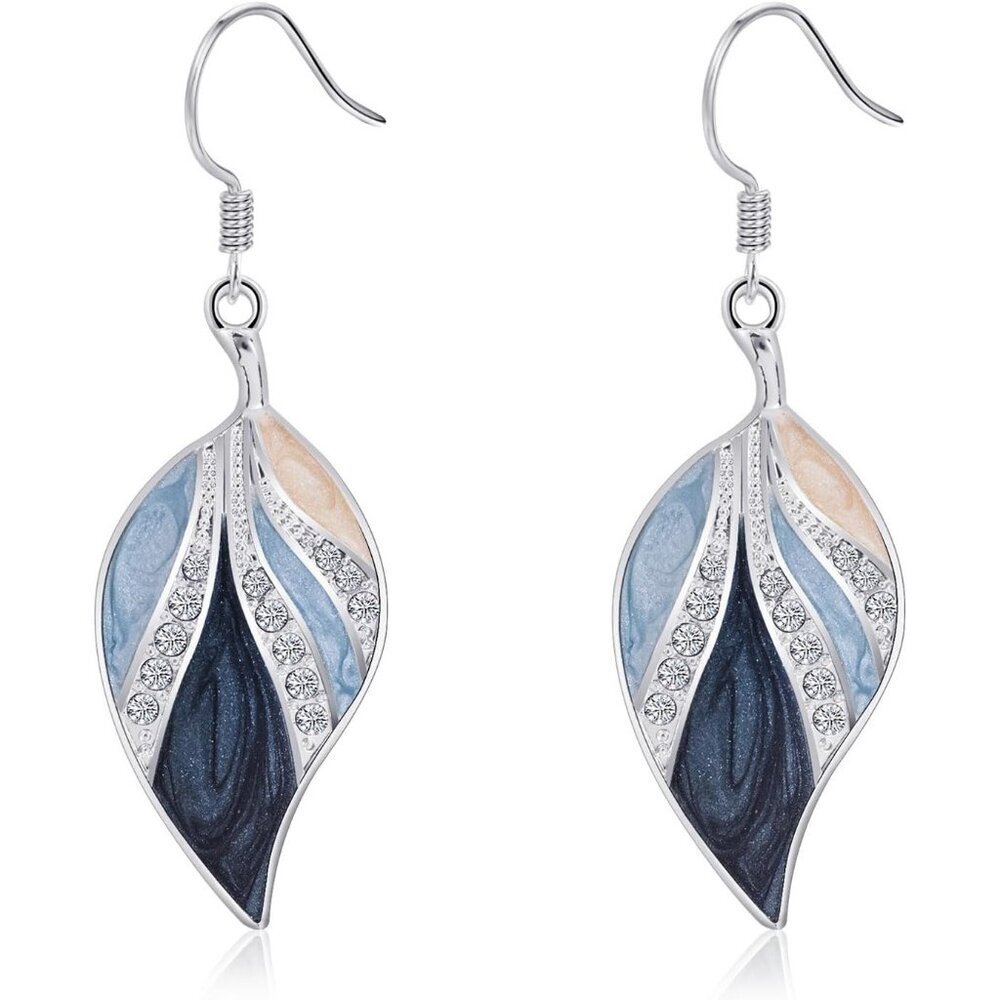 Women's Leaf Silver Dangle Earrings Boho Teardrop Dangling Blue Plant jewelry - Picture 1 of 7